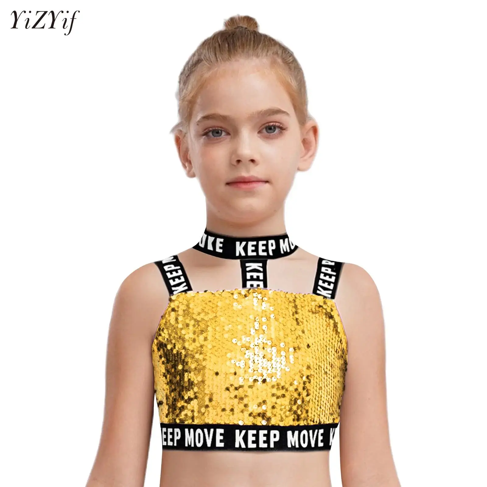 

Kids Girls Sparkling Sequin Dance Crop Top Halter Wide Elastic Shoulder Straps Vest Tops Jazz Dance Performance Hip-hop Costume