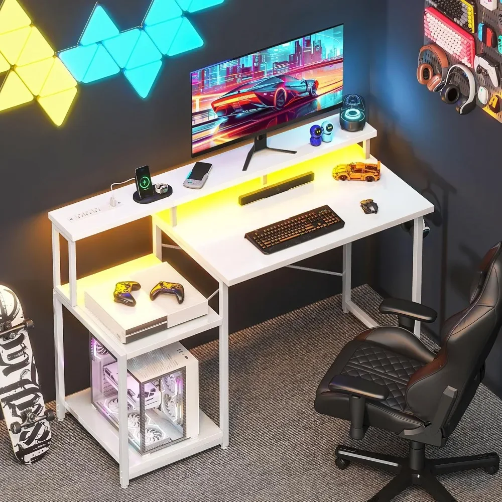 

48 in Computer Desk with Led Lights & Power Outlet, Printer Storage Shelves, Gaming Desk with Monitor Shelf & Headphone Hook