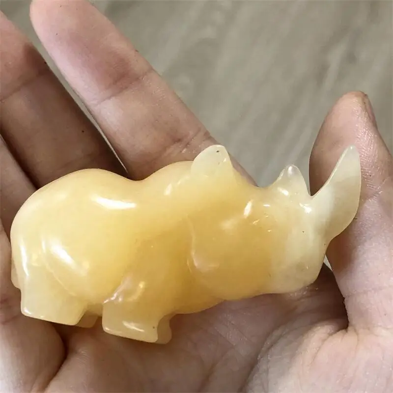 Natural Gemstone Yellow Calcite Rhinoceros Carving Quartz Crystal Healing Animals Statue Home Room Decoration 1pcs