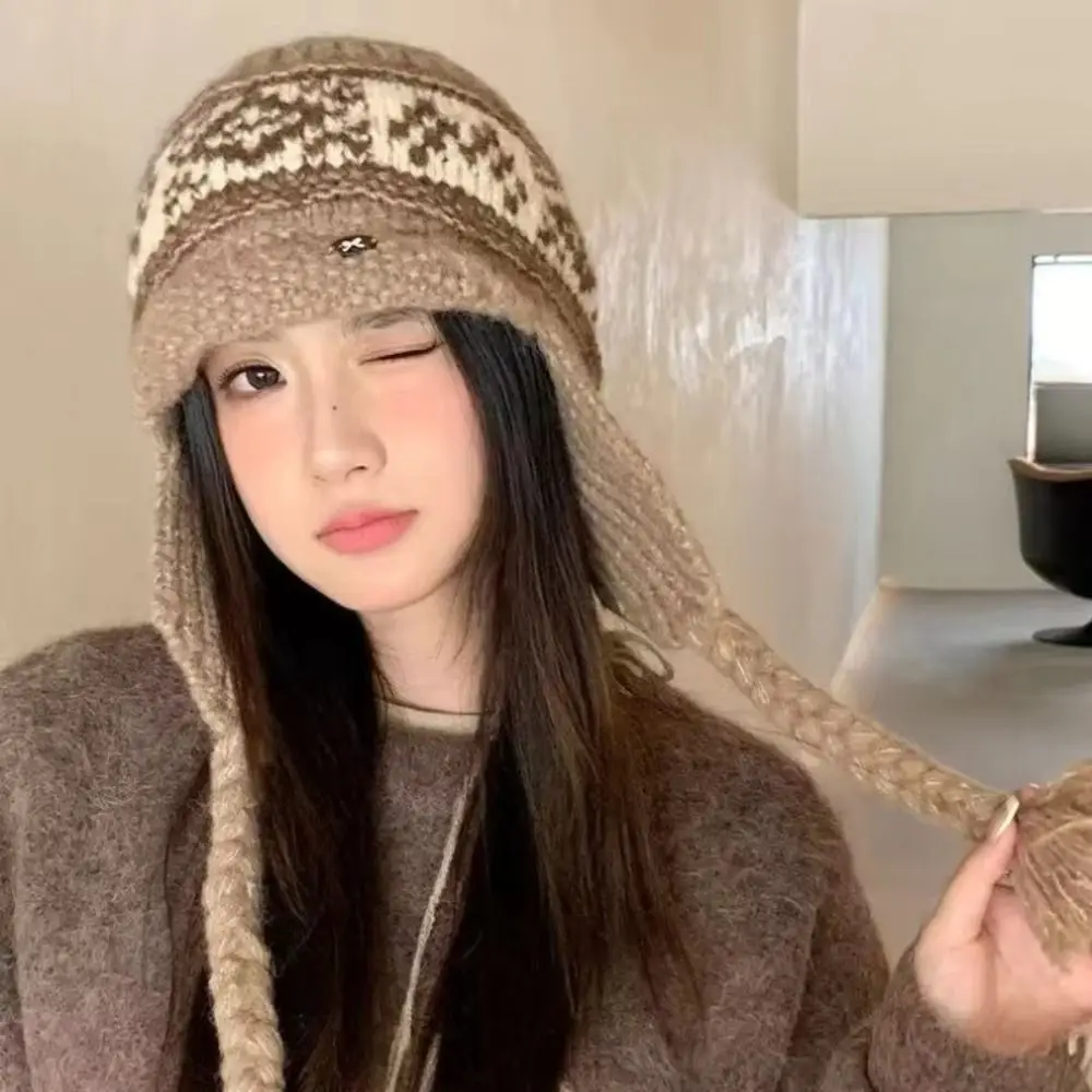 Koreanischer Stil, Fair-Isle-Mütze mit Ohrenklappen, Quasten, Ohrenschutz, Jacquard-Strickmütze, warme, kältebeständige Mütze, Bekleidungszubehör. – Detail 9