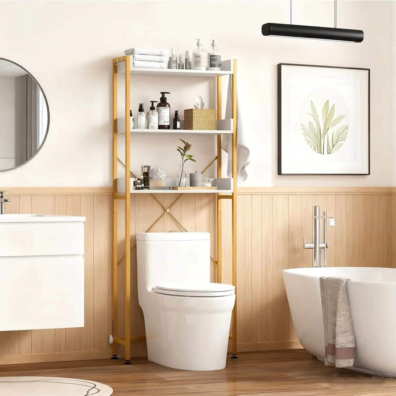 

Over The Toilet Storage Shelf, 3-Tier Freestanding Space Saver Above Toilet with 4 Hooks, Adjustable Bottom Bar, Over Toilet