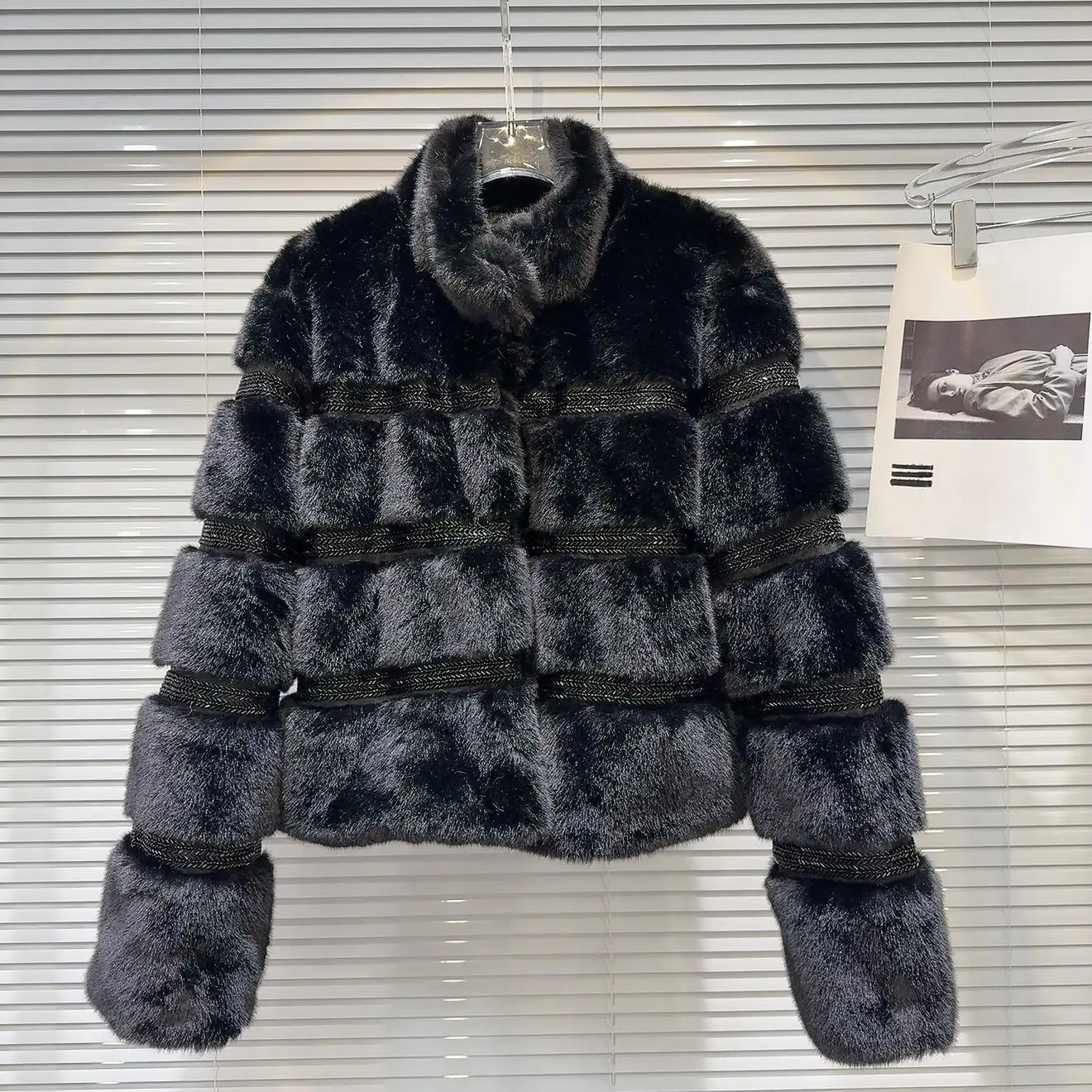 صديقة للبيئة الماس الربط القطن الفراء معطف المرأة Faionable مستقيم قطع طويلة Sve الوقوف طوق لون نقي الشتاء خارج... #4