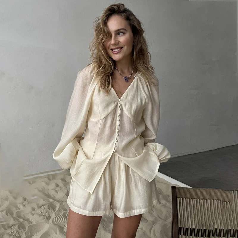 

Chiffon Shorts Sets Female V Neck Lantern Sleeve Shirt Casual Commuting Outfits Summer Fashion Vacation Lady Shorts Suit