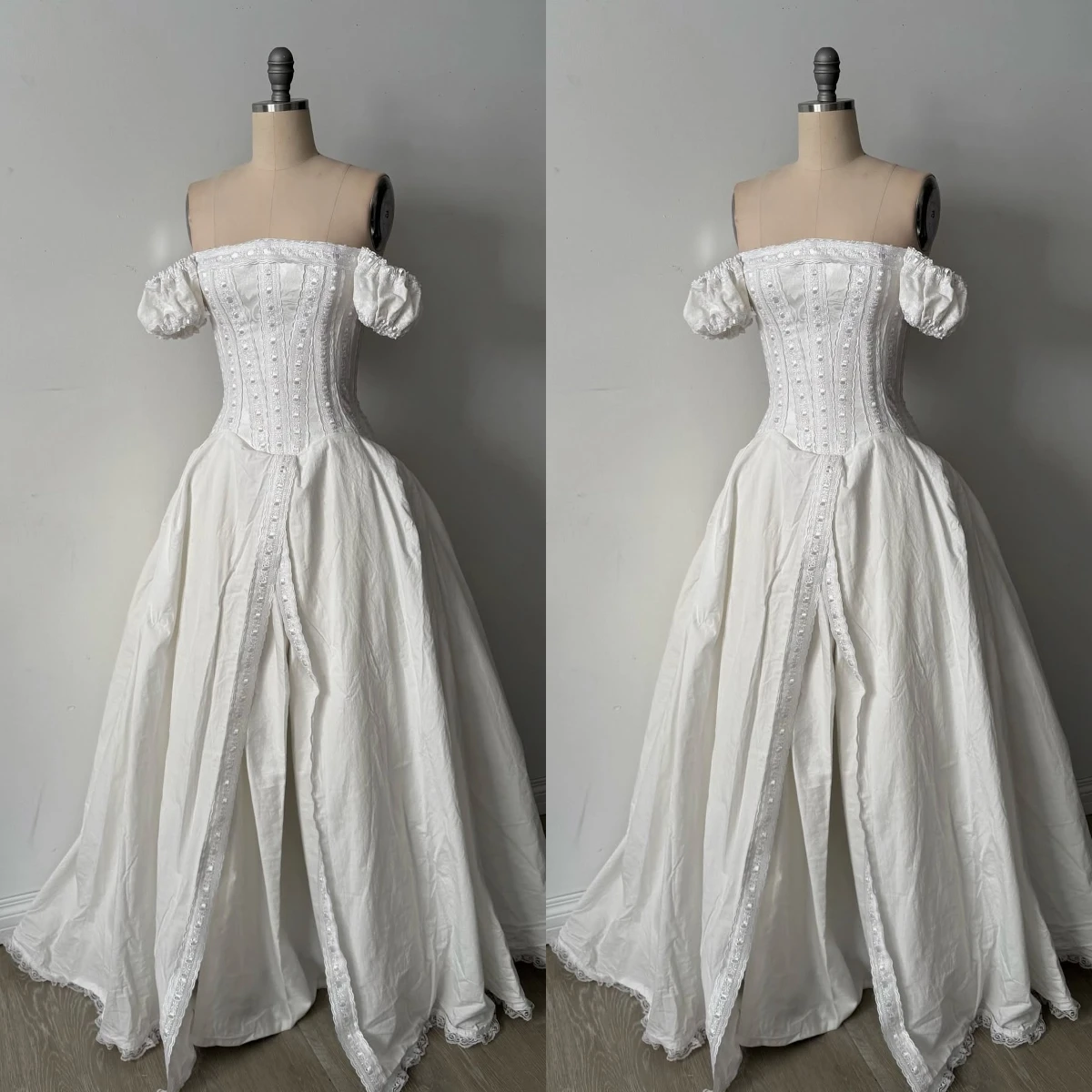 Customized Off Shoulder Puff Short Sleeve Corset Wedding Dress White Pearl Lace Trim Split A Line Full Skirt Vintage Bridal Gown