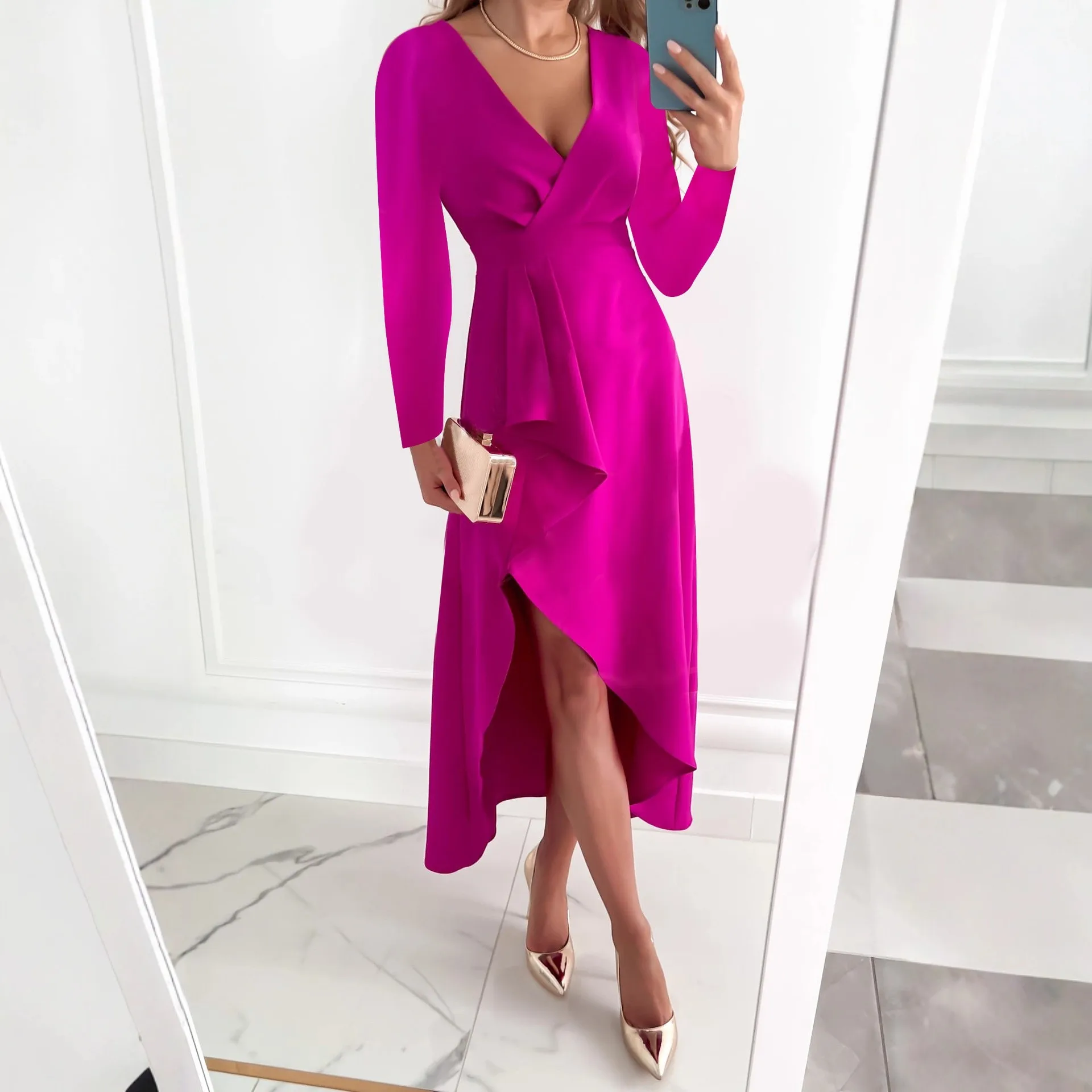 Women's Elegant Party Dress Long Sleeve V Neck Solid Color Split Hem Irregular Hem Female Clothing for Women Casual Wear