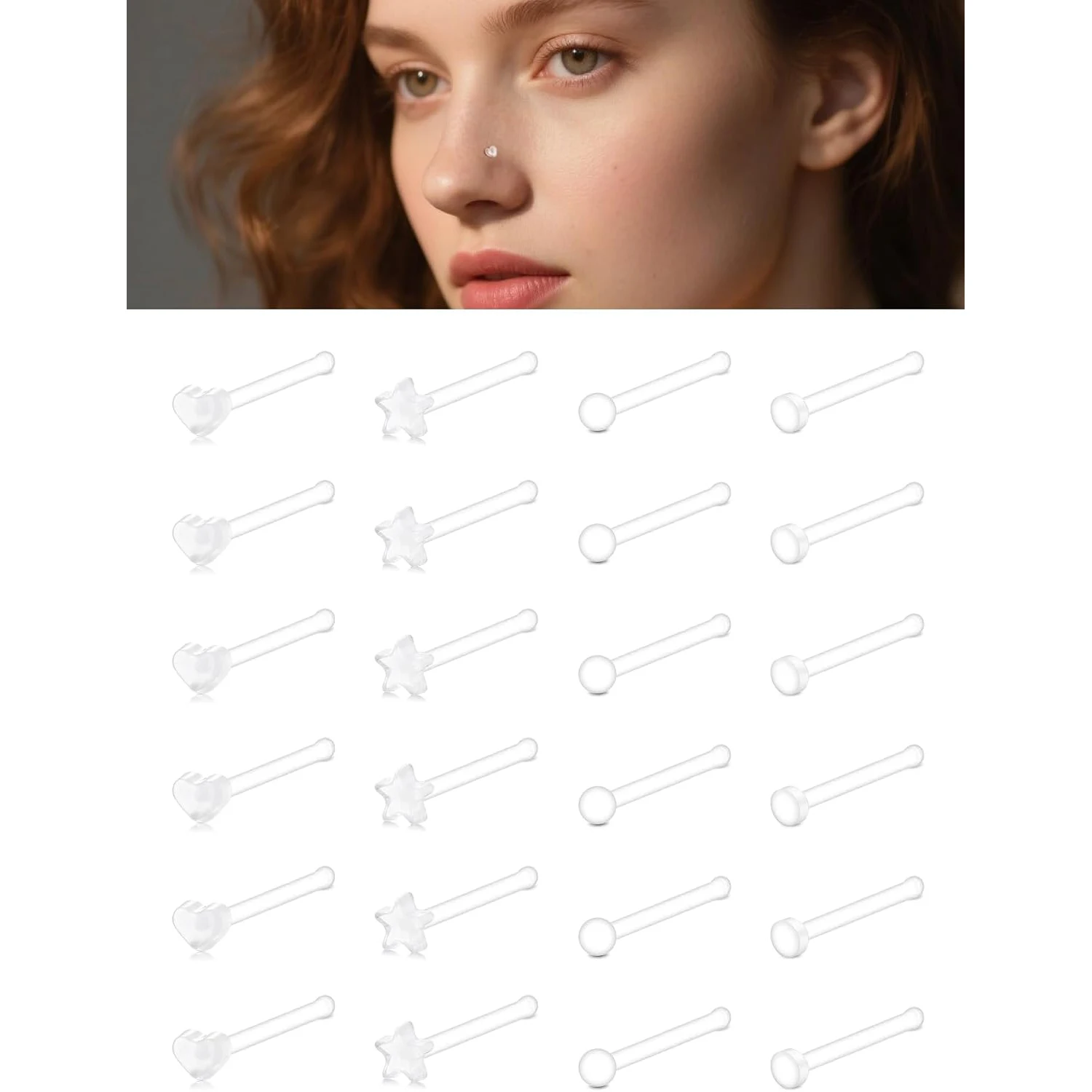 18g Clear Nose Studs for Work Straight Plastic Sport Tiny Invisible Nostril Piercing Pin Spacers Cover Retainer Star Heart
