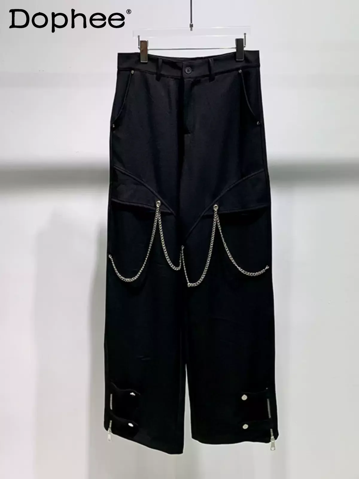 

Men's Casual Trousers 2024 Summer New Men's Retro Straight Trousers Casual Solid Color Chain Zipper Long Pants Trendy Male Pants