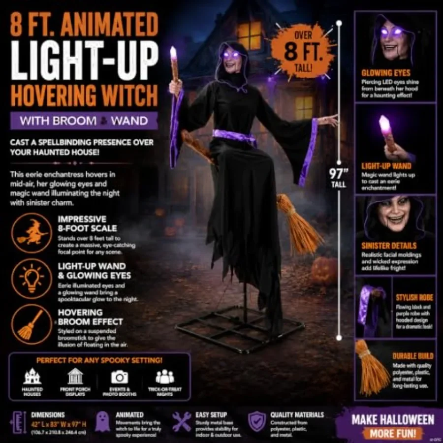 Halloween decoration: 8 Ft. animated light-up hovering witch with broom wand, PVC material, black and purple, motion-activated