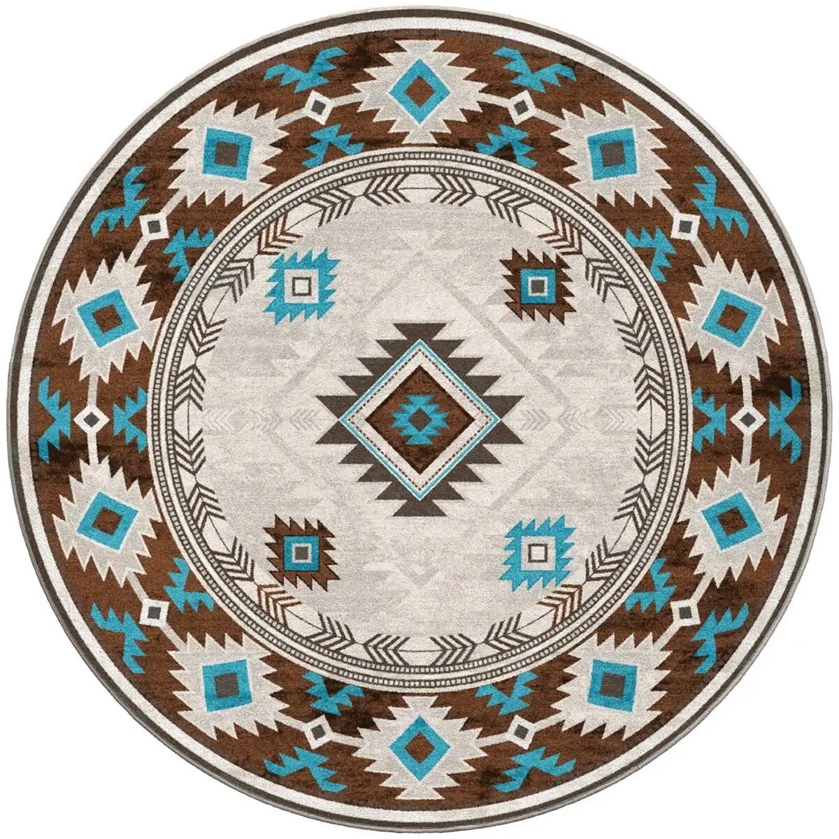 Round Tribal Rug Southwestern Navajo Printed Circular Carpet Stepped Diamond Medallion Arrow Fletching for Armchair Sofa