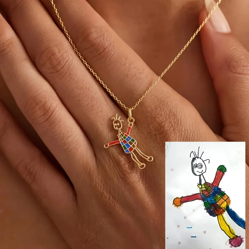 Custom Enamel Pendant Necklace Children's Drawing Making Charm Souvenirs Jewelry Stainless Steel Waterproof and Non Fading Gifts