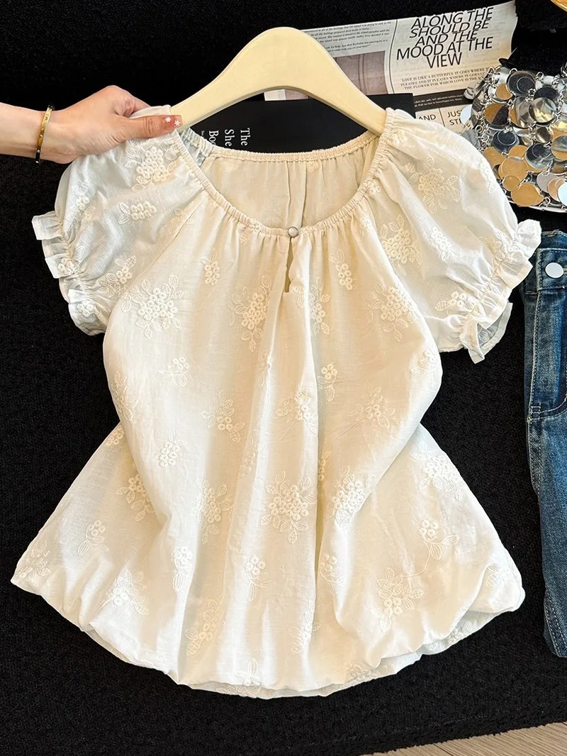 

Loose Fit Short Sleeve Embroidered Cotton Linen Bubble Sleeve Women's Shirt Summer New Style round Neck Doll Top Casual Wear