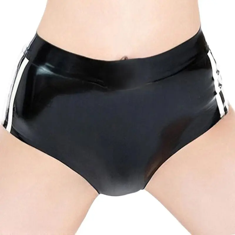 

Black and White Trims Mid Waist Latex Briefs with Stripes Rubber Underwear Shorts