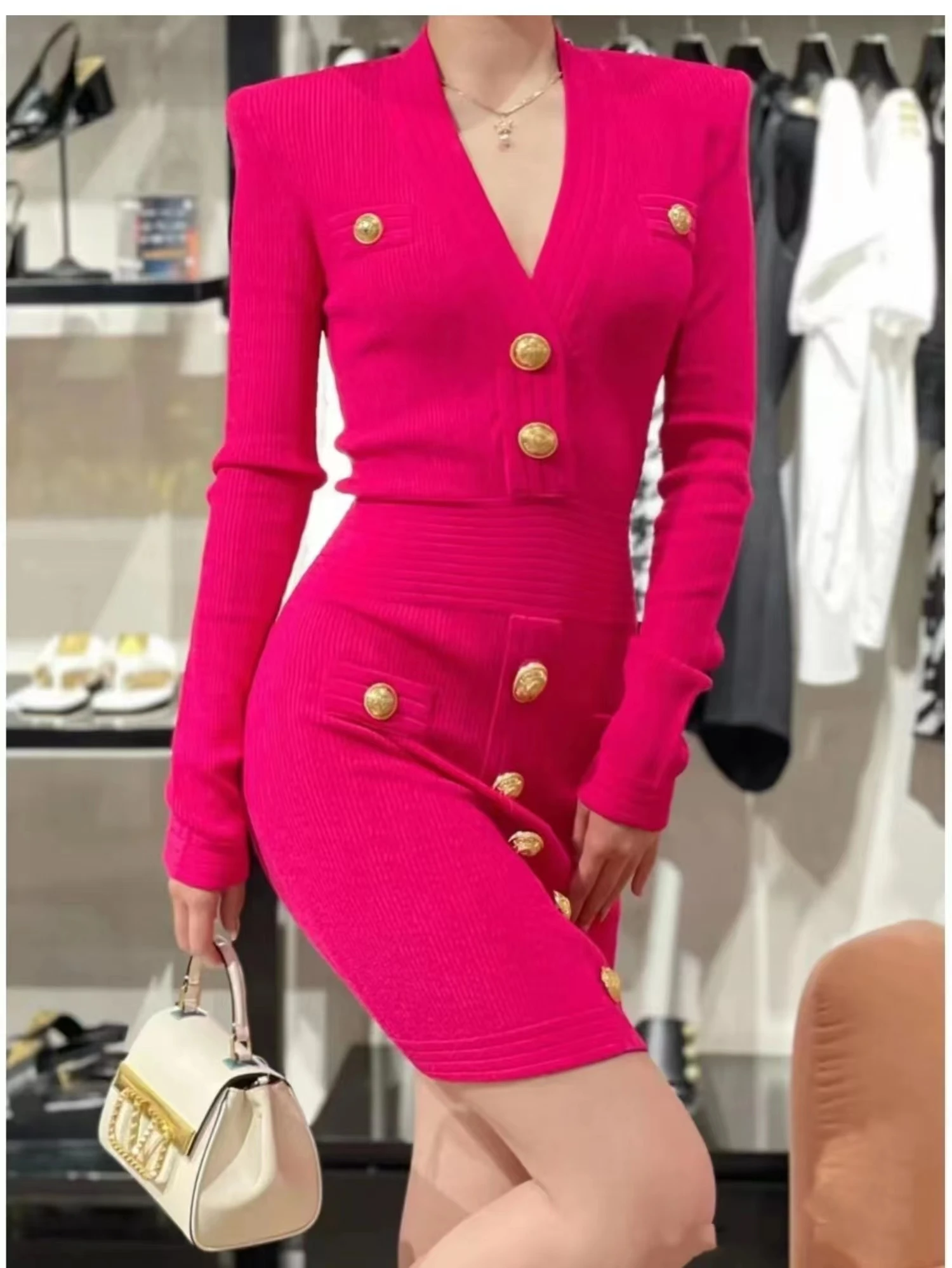 High Quality Women Fashion Winter Ladies Elegant Slim Elastic Temperament Thickened Shoulder Pad Knit Wool Sweater Dress