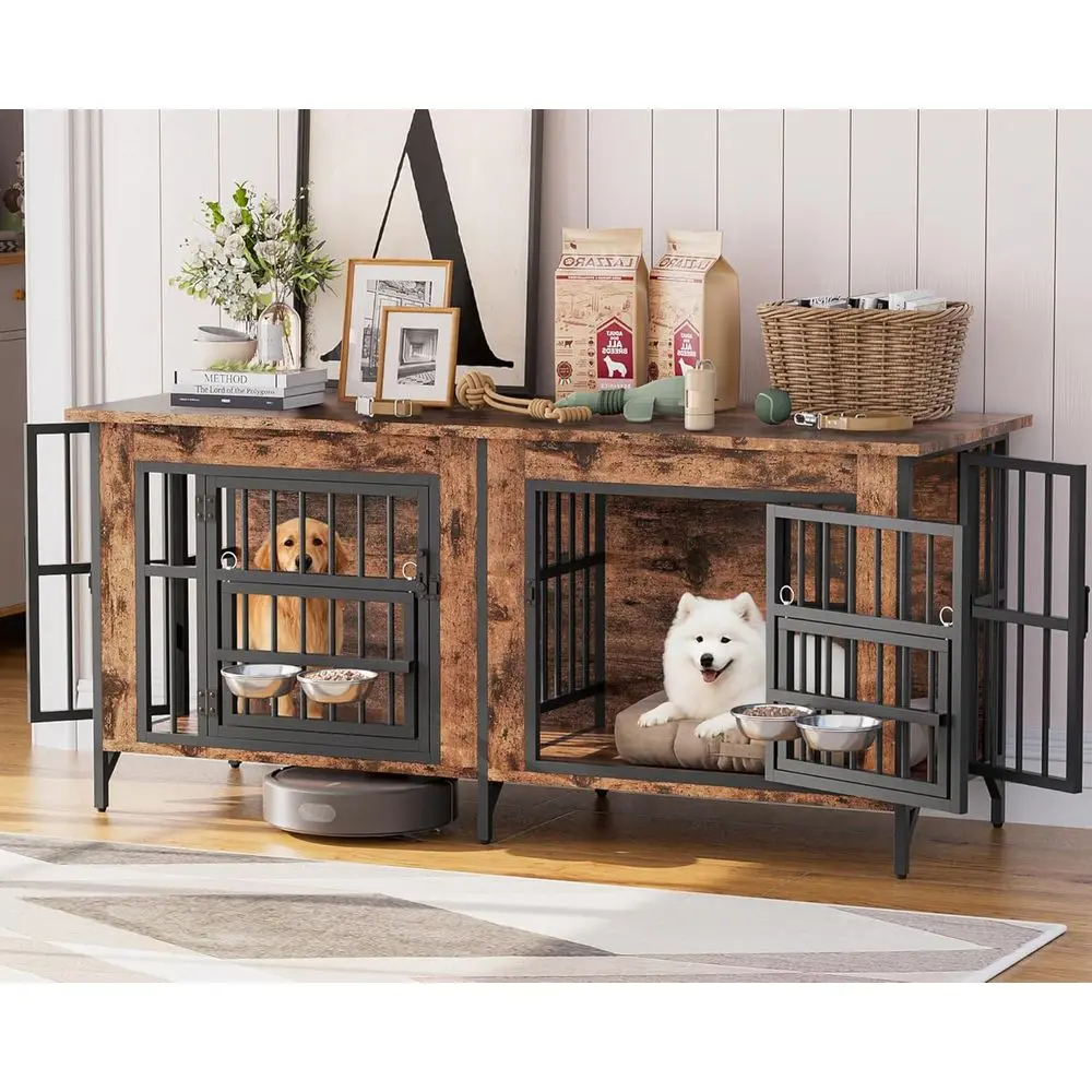 

Large Wooden Dog Crate for Multiple Pets, Indoor Kennel with Swivel Feeders and Removable Divider