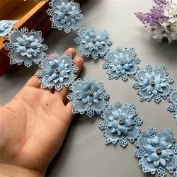 1 yard Blue Pearl Beaded Embroidered Flower Lace Trim Floral Applique Patches Fabric Sewing Craft Vintage Wedding Dress New