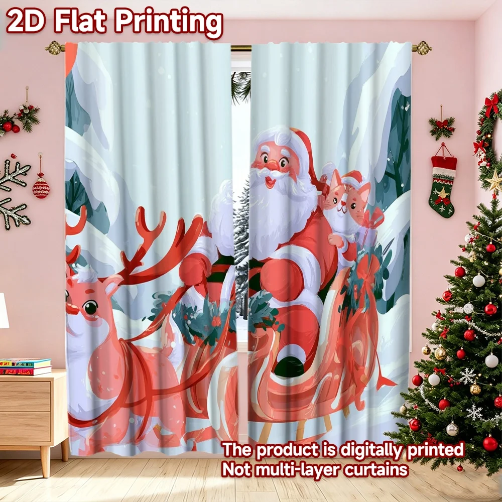 2D flat printing 2pcs Christmas Curtains Christmas Santa with Sleigh Durable polyester fiber Festive Curtains Perfect for living