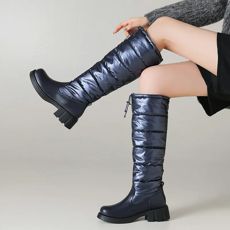Women Winter Down Fur Warm Knee High Boots Drawstring Plush Snow Boots Chunky High Heel Platform Long Boots Fur Booties