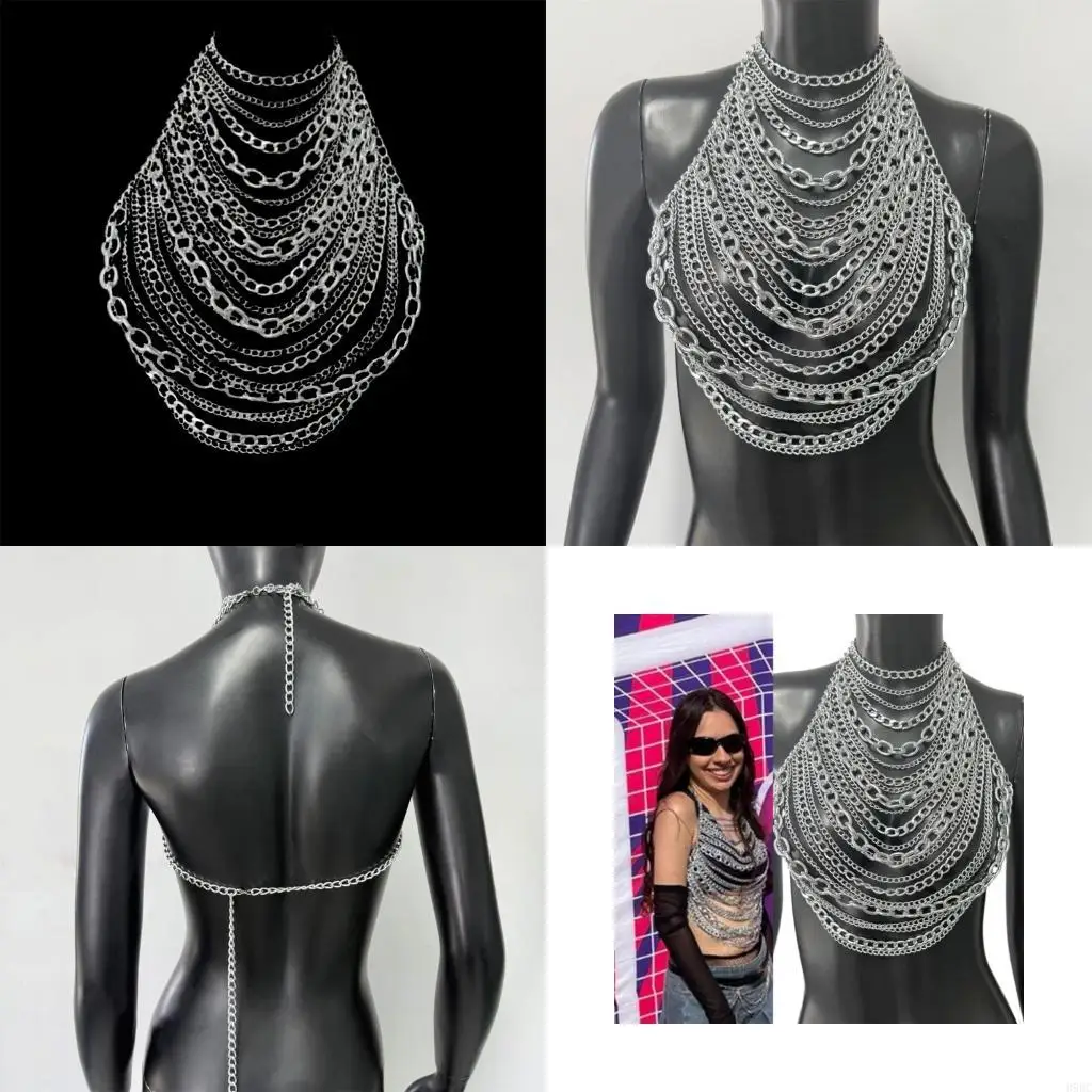 

39BC Punk Theme Body Chain Metallic Chest Chain Tassels Necklace Women Body Jewelry