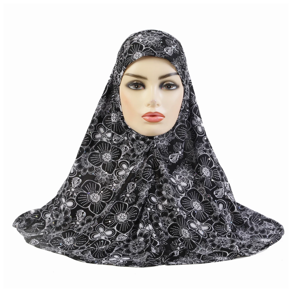 Shoulder Length printed Muslim Hijab Girls Scarf Amira Hat Headwrap Shawl