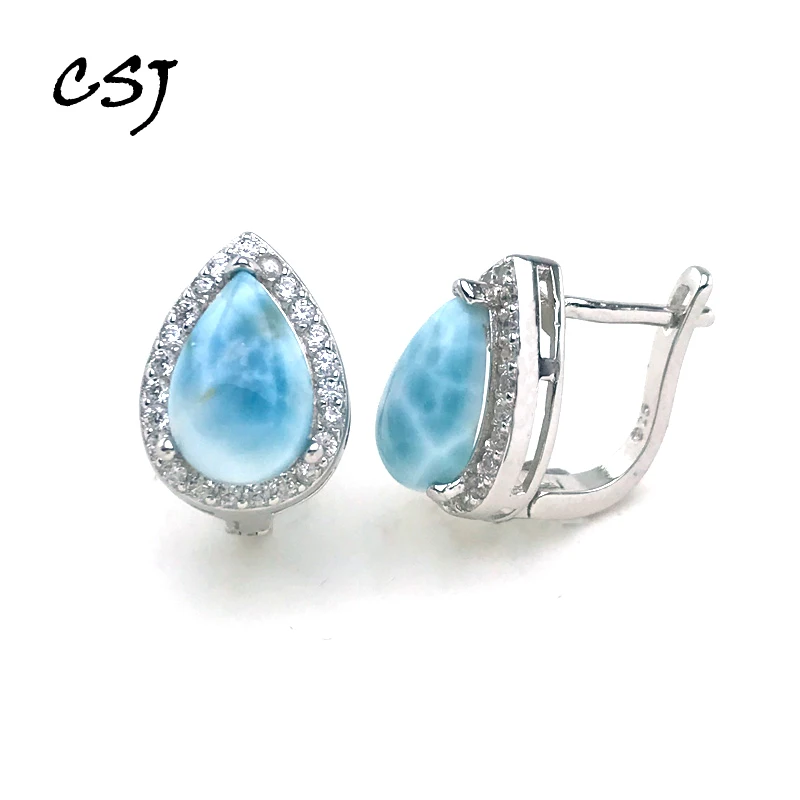 

CSJ Natural Larimar Earrings Sterling 925 Silver Malachite Gemstone Pear 8*12mm for Women Birthday Party Jewelry Gift