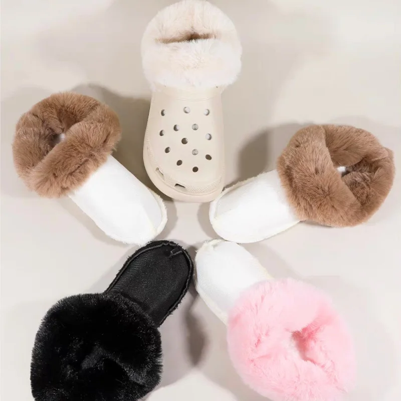 1Pair Thicken Warm Plush Insole Shoe Charm For Crocs Women Winter White Removable Fur Liner Clogs Slipper Pads Shoes Accessories