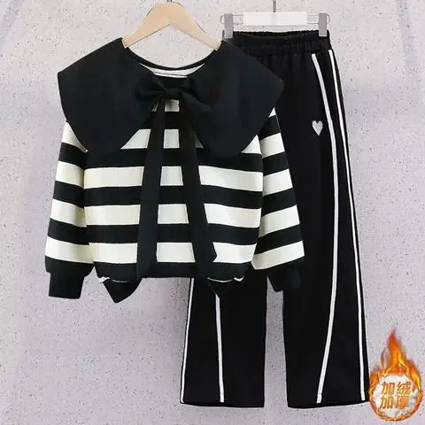 

Girls Autumn Clothes Set Kids Fashion Doll Collar Striped Top + Straight Pants 2 Pcs Set Junior Thickened Spring Clothes Trend