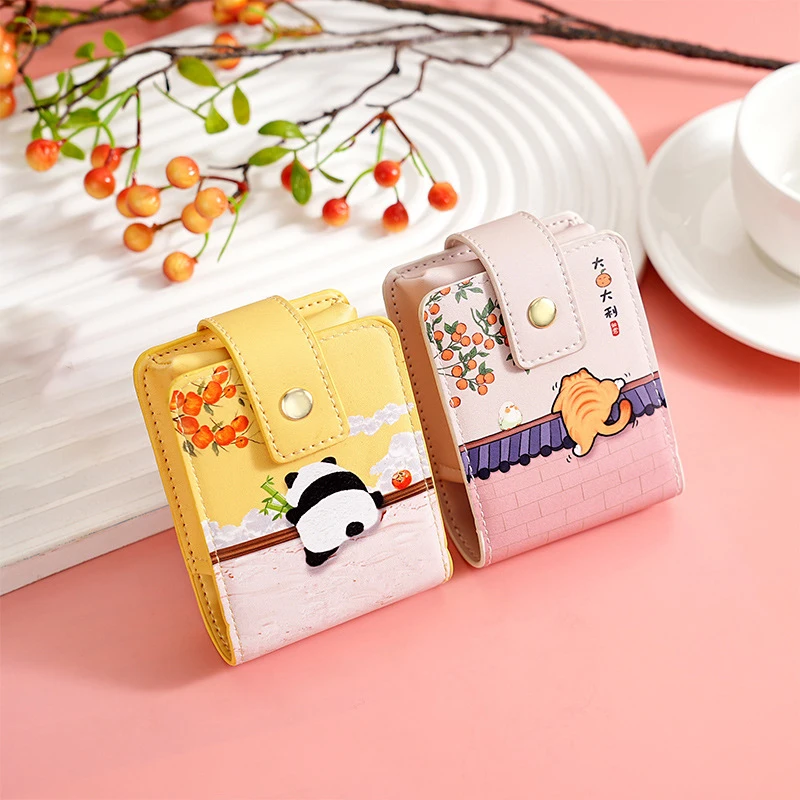 Cartoon Panda /Cat Mini Portable Lipstick Bag With Mirror Chinese Style Small Cosmetic Bag Girl\'s Travel Makeup Storage Bag Gift