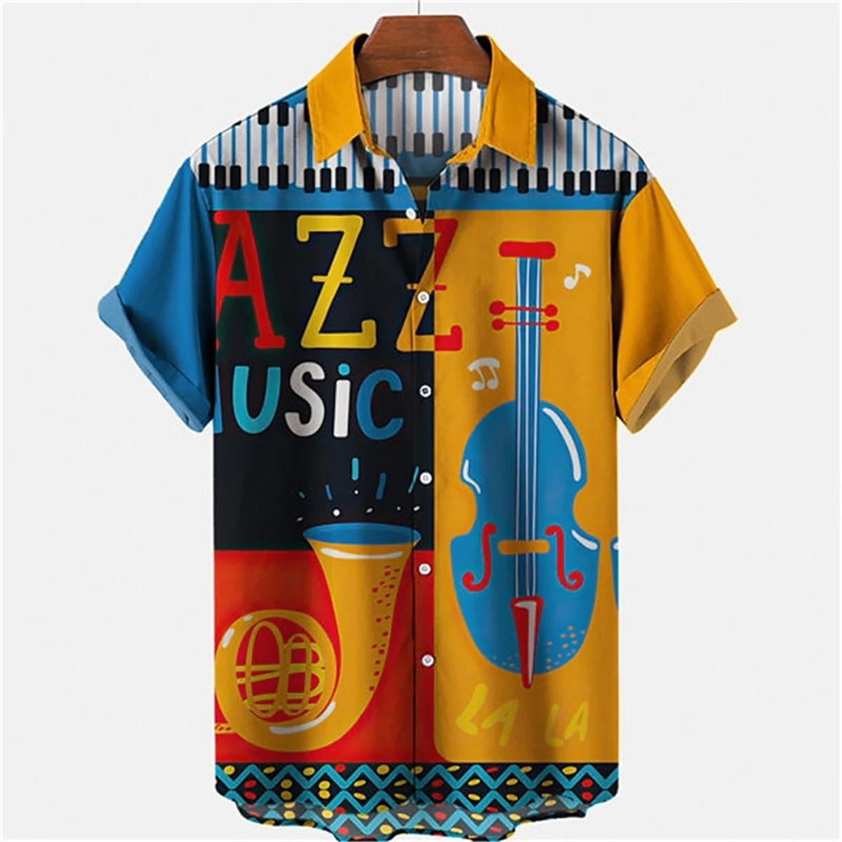 Hawaiian men\'s short-sleeved shirt dark gold musical instrument print men\'s lapel casual top loose large size men\'s shirt