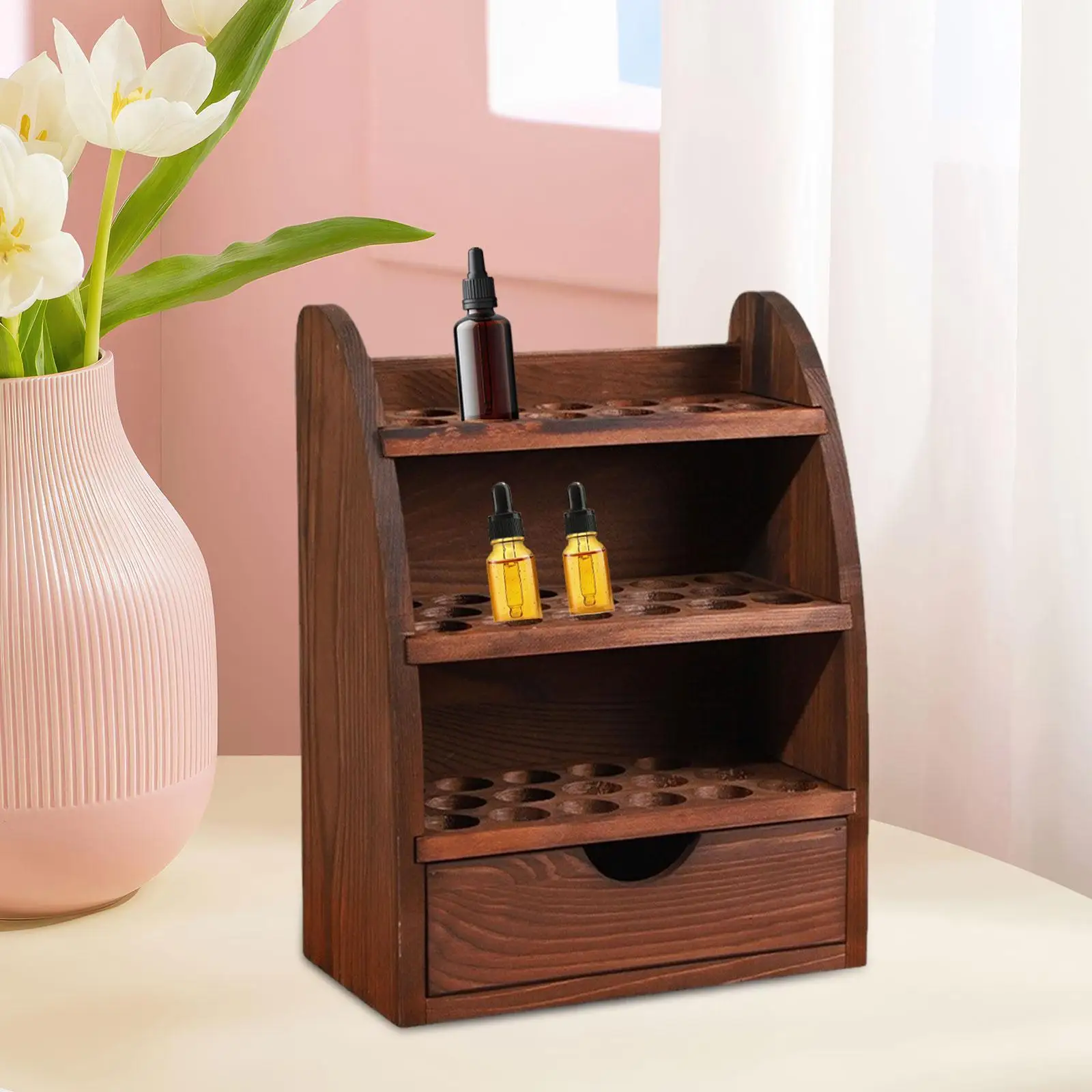 Wooden Essential Oil Storage Rack Table with Drawer Oil Bottle Storage Fragrance Shelf for Home Cosmetic Woman Holiday Birthday