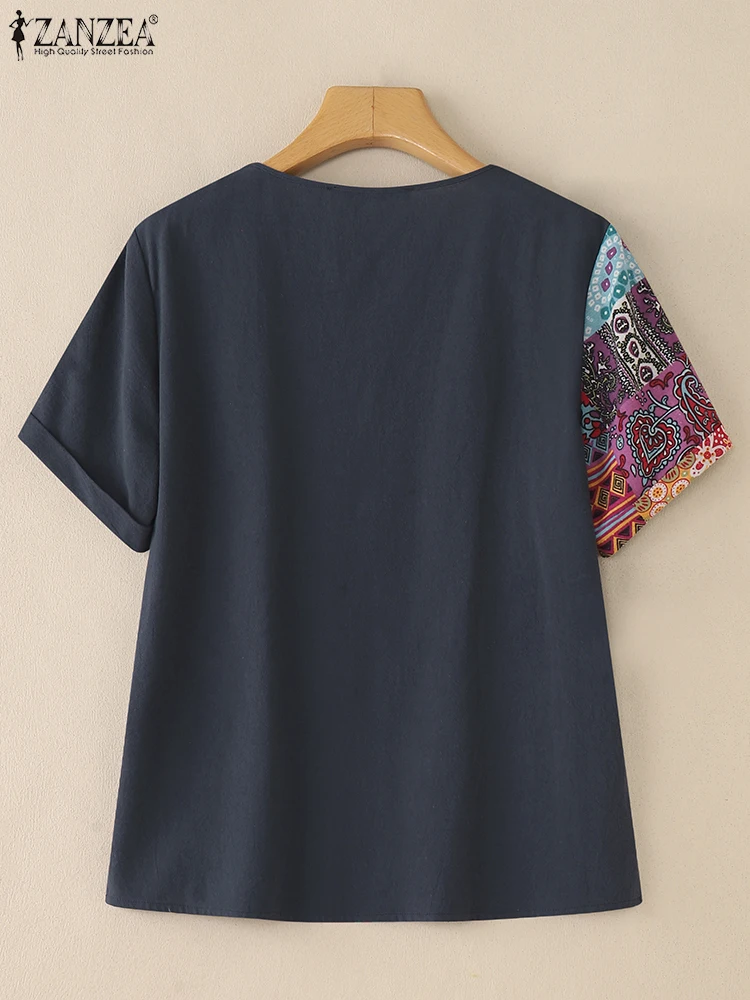 ZANZEA 夏の女性のトップス 2025 ヴィンテージ花柄プリント半袖ブラウスパッチワークシャツ綿 Blusas カジュアルルーズチュニックファム