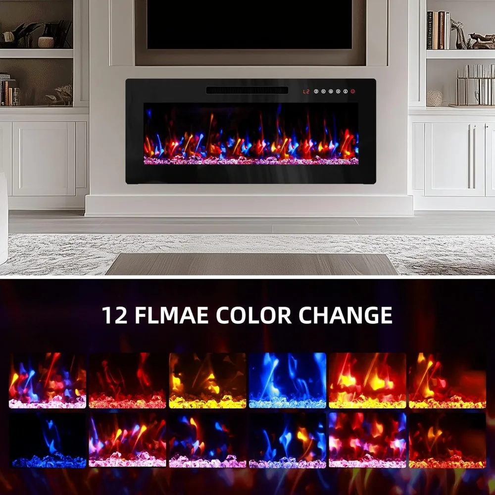 Электрический камин, 36 дюймов — настенный камин для подставки под телевизор, пульт дистанционного управления, 12 цветов пламени, встраиваемый камин Des