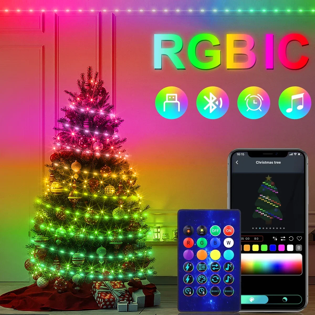 Noel Dreamcolor LED dize işıklar Bluetooth müzik WS2812B USB RGBIC gökkuşağı peri dize işıklar odası DIY dekorasyon için