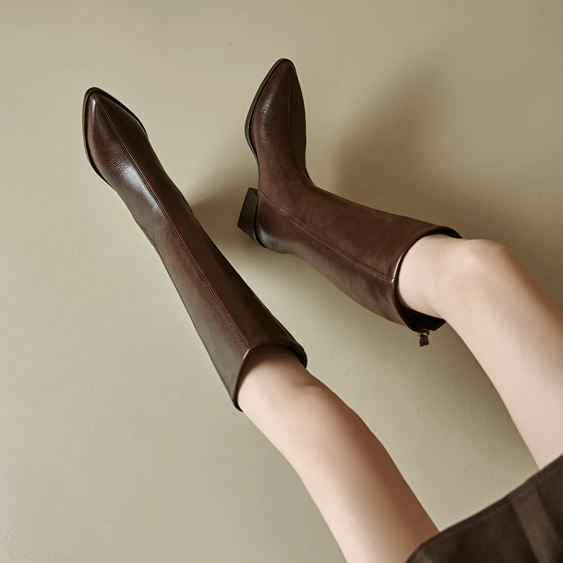 QUTAA 2026 News Fashion Cow Leather Winter Women Knee High Boots High Heel Woman Shoes Pointed Toe Long Boots Lady Warm 34-41 - view 6