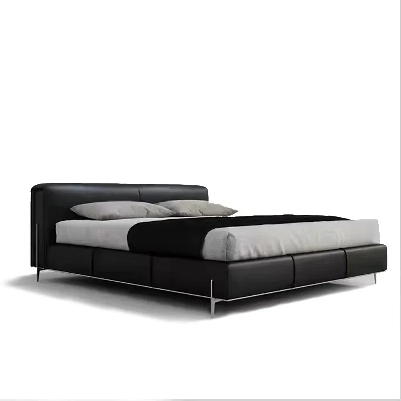 

New Italian minimalist black cow leather bed, modern minimalist master bedroom double bed