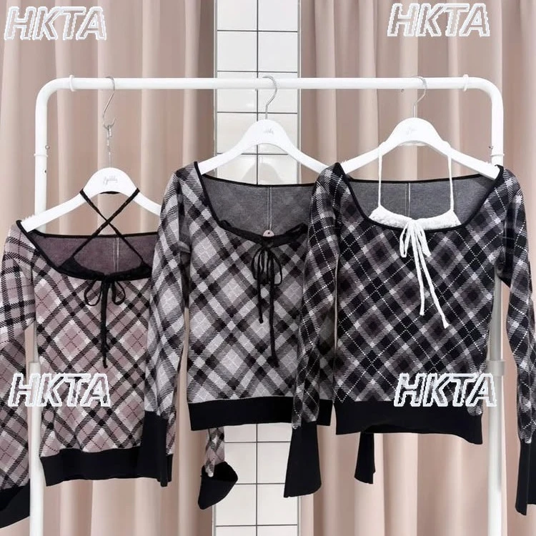 

Spring New Japanese-style Lace Halter Neck Patchwork Plaid Stretch Slim-fit Plaid Sweater Top Loose Casual Knitwear Sweater