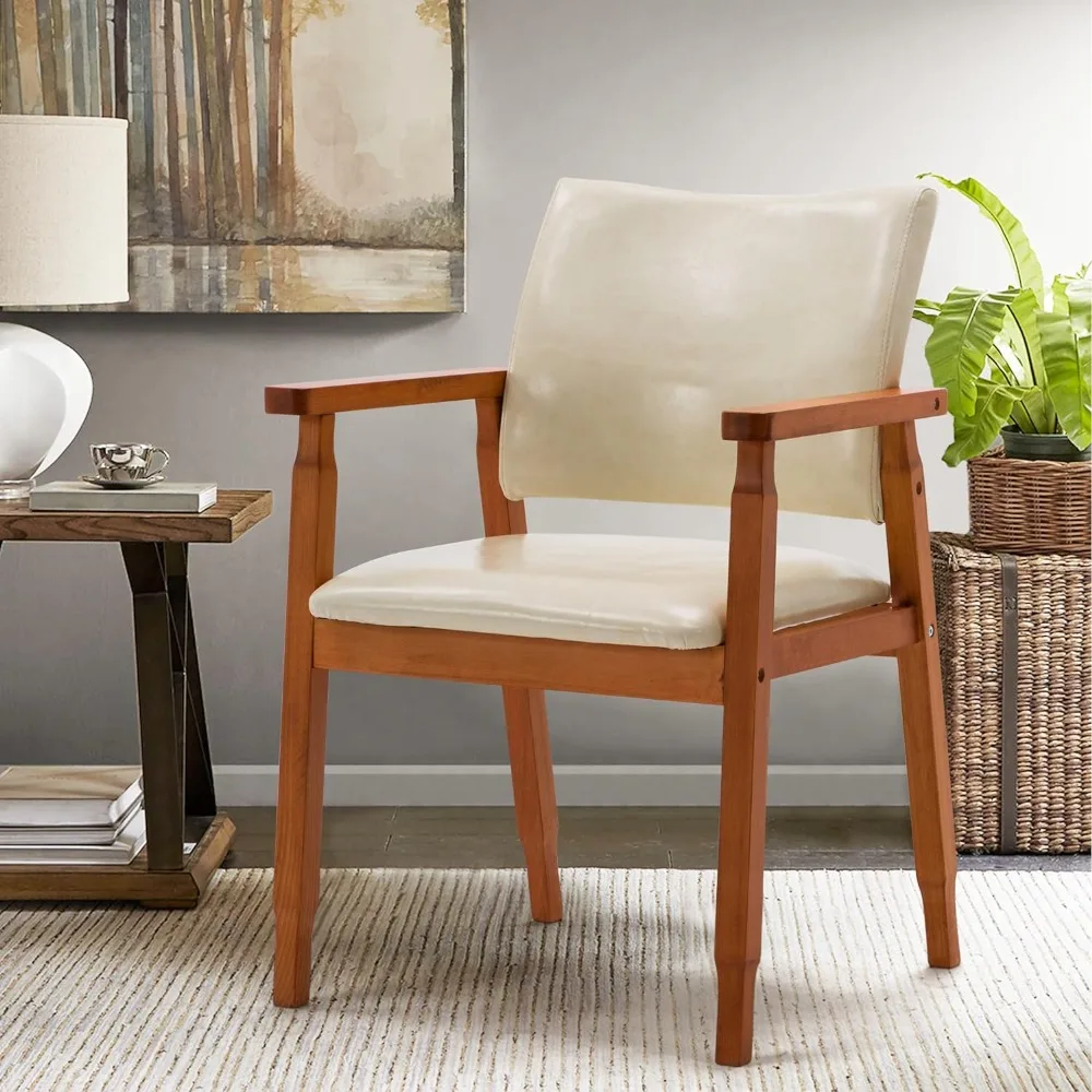 

Mid-Century Dining Side Chair with Faux Leather Seat in Beige, handrail Chair