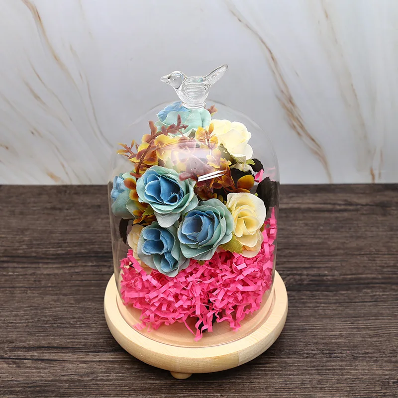 

2sets/pack 12*16cm Bird Top Cylinder Shaped Glass Dome Home Decoration Log Base Transparent Cover DIY Friend Gift Wedding