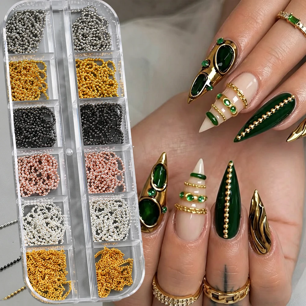 12-teiliges Set Metall-Nagelkunstketten Gold Silber Kaviar-Perlenketten Nagelstecker Charms 3D Punk Metallketten Maniküre Schmuck DIY Deko – Detail 1
