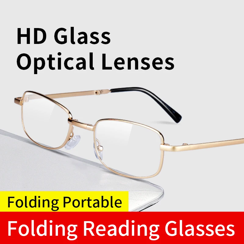 Folding Reading Glasses With Leather Cases for Women Men, Anti Scratch Glass optical lenses Spectacles With Gold Wire Frames