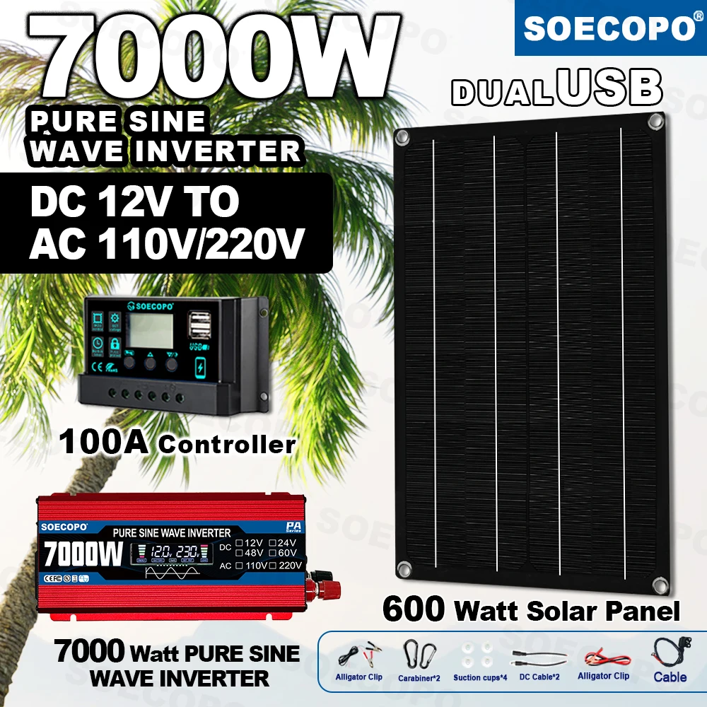 

SOECOPO 7000W Portable Solar System Kit 500W Panel,Pure Sine Wave Inverter 12V To 110V/220V, 100A Controller for Camping Home