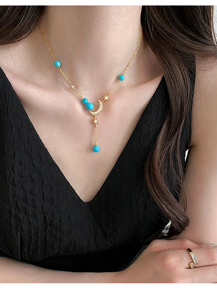 Goldfarbene Y-förmige Stern-Mond-Anhänger-Halskette für Damen mit Perlen, Zirkonia, Halbmond-Choker, elegante, zarte, verstellbare Kette, Schmuckgeschenk – Detail 8