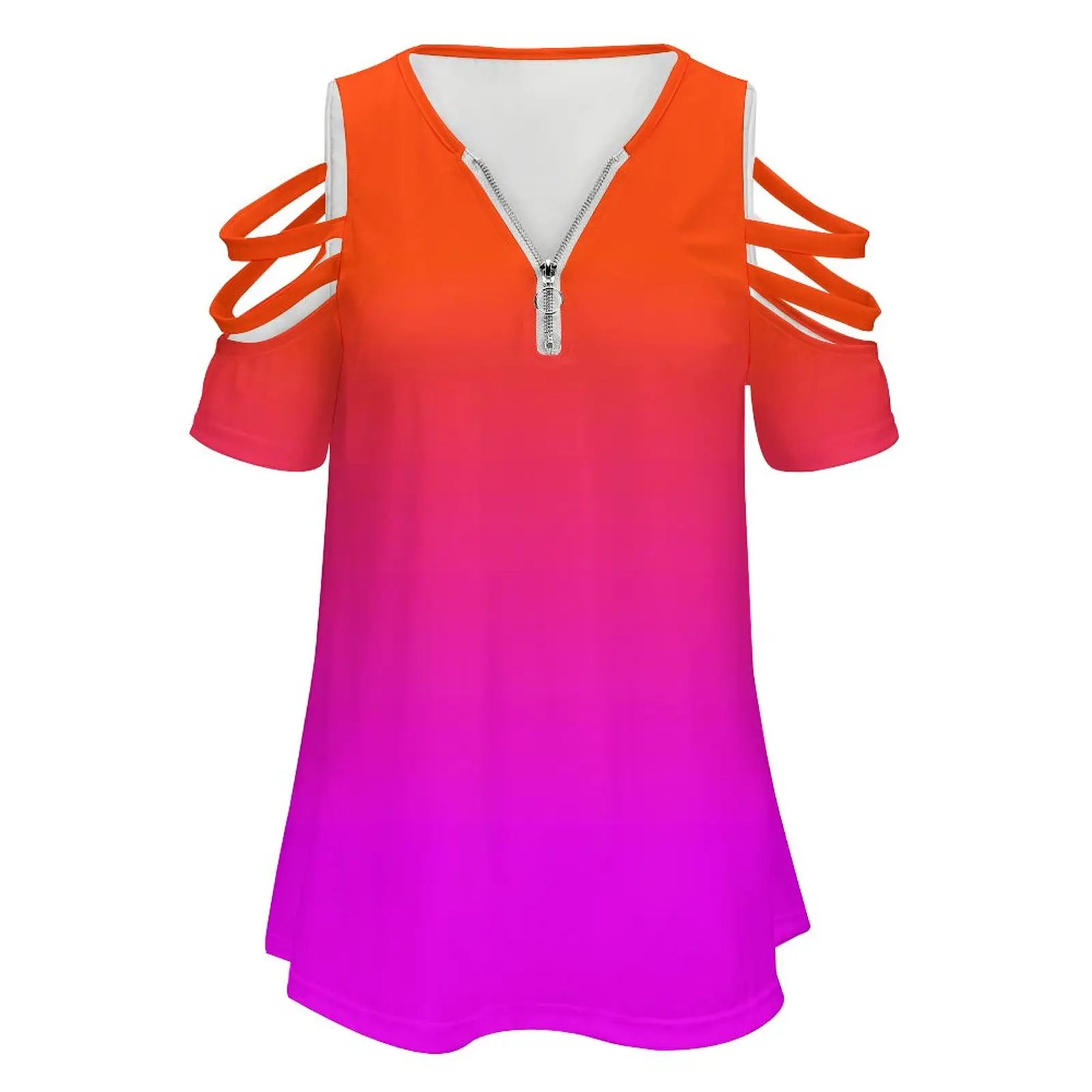 Neon Orange And Hot Pink Ombre Shade Color Fade Women Zipper Sexy Printed Vintage T Shirts Tops Full Print T-Shirt Neon Orange