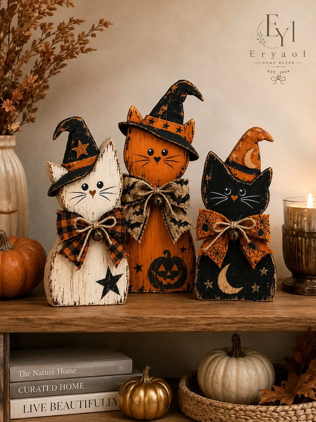 3pcs 2D Halloween Wooden Cat Decorations Set, Vintage Witch Cat Figurines With Hats And Bows, Rustic Farmhouse Tabletop Decor For Home, Mantel, Shelf, Fireplace, Autumn Party And Halloween Indoor Decoration