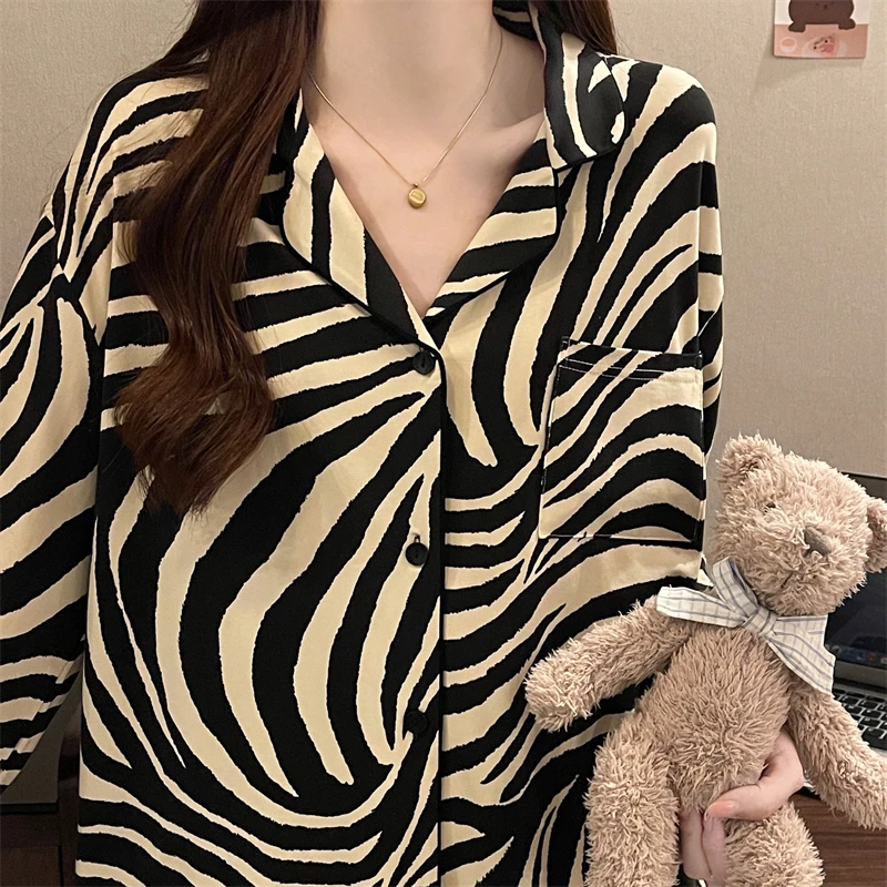 Striped Pajama Sets Women Sleepwear Baggy Soft Casual Home Ulzzang Cozy Daily Spring Autumn Pockets Loungewear Fashion Students