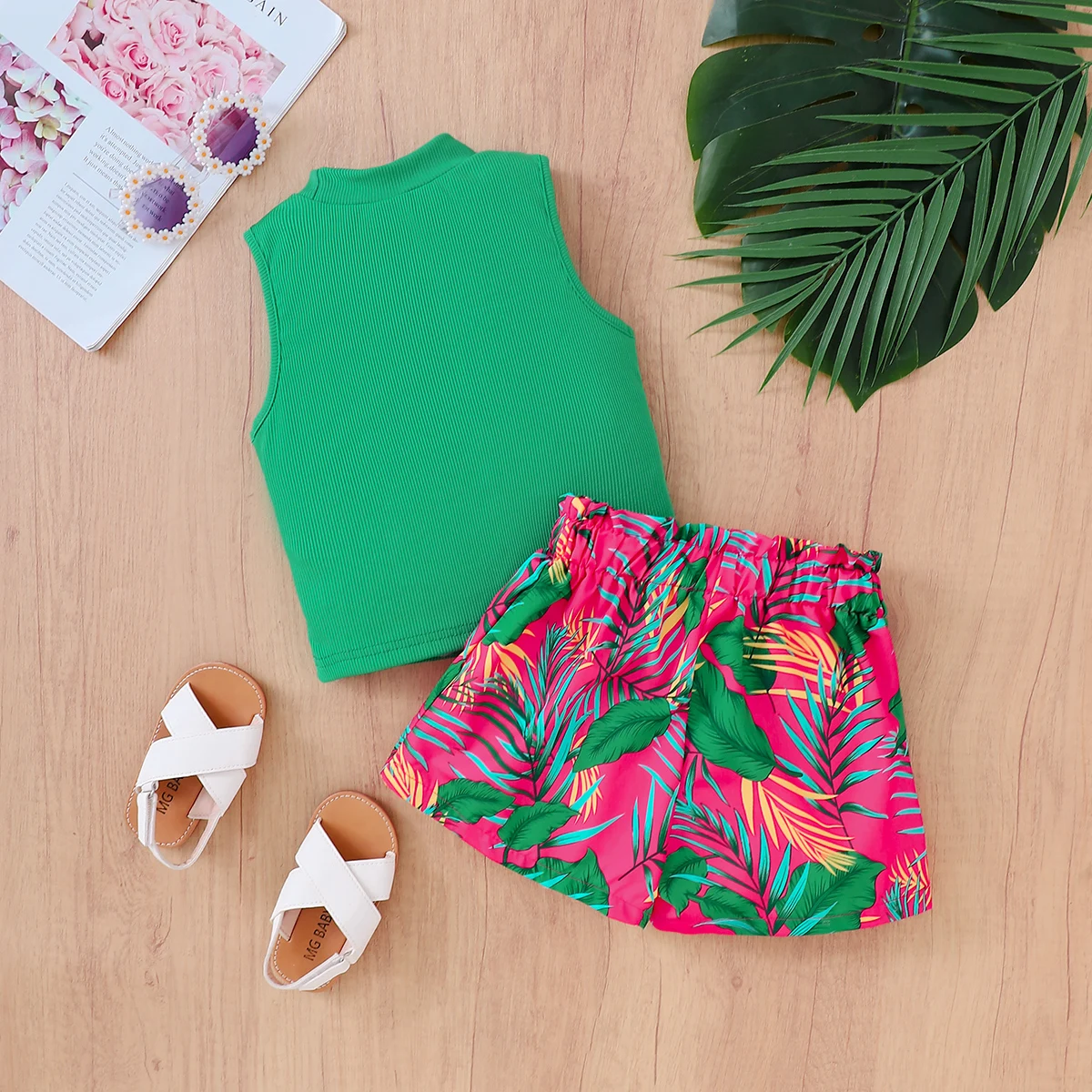 Girls Summer Fashion Set Green Sleeveless High Collar Top + Pink Print Shorts Tropical Style Children's Two-Piece Outfit