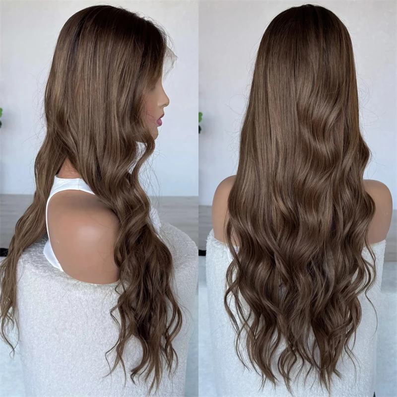 Preplucked Hairline Ombre Brown Women Wig Synthetic Soft HD Lace Frontal Wig for White Black Women 28 Inches Soft Long Wave Wig