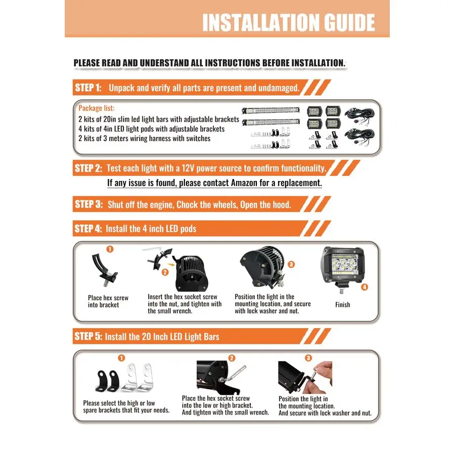 

Light Bar Kit, 2 20 Inch Slim Light Bars, 4 4 Inch LED Pods, 2 Wiring Harness, 12V 24V Car Truck ATV UTV SXS RV Tractor Work Lig