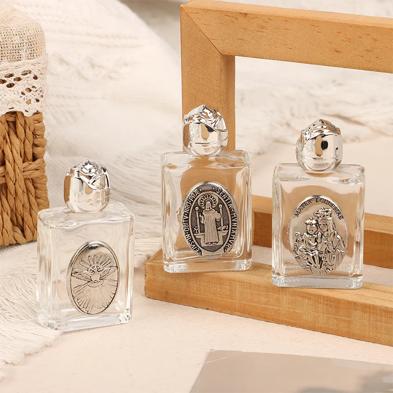 Jesus-Kreuz, christliches Jungfrau-Skulptur-Design, Glas-Heilwasserflasche, 12 Arten nachfüllbare religiöse Wasserflasche