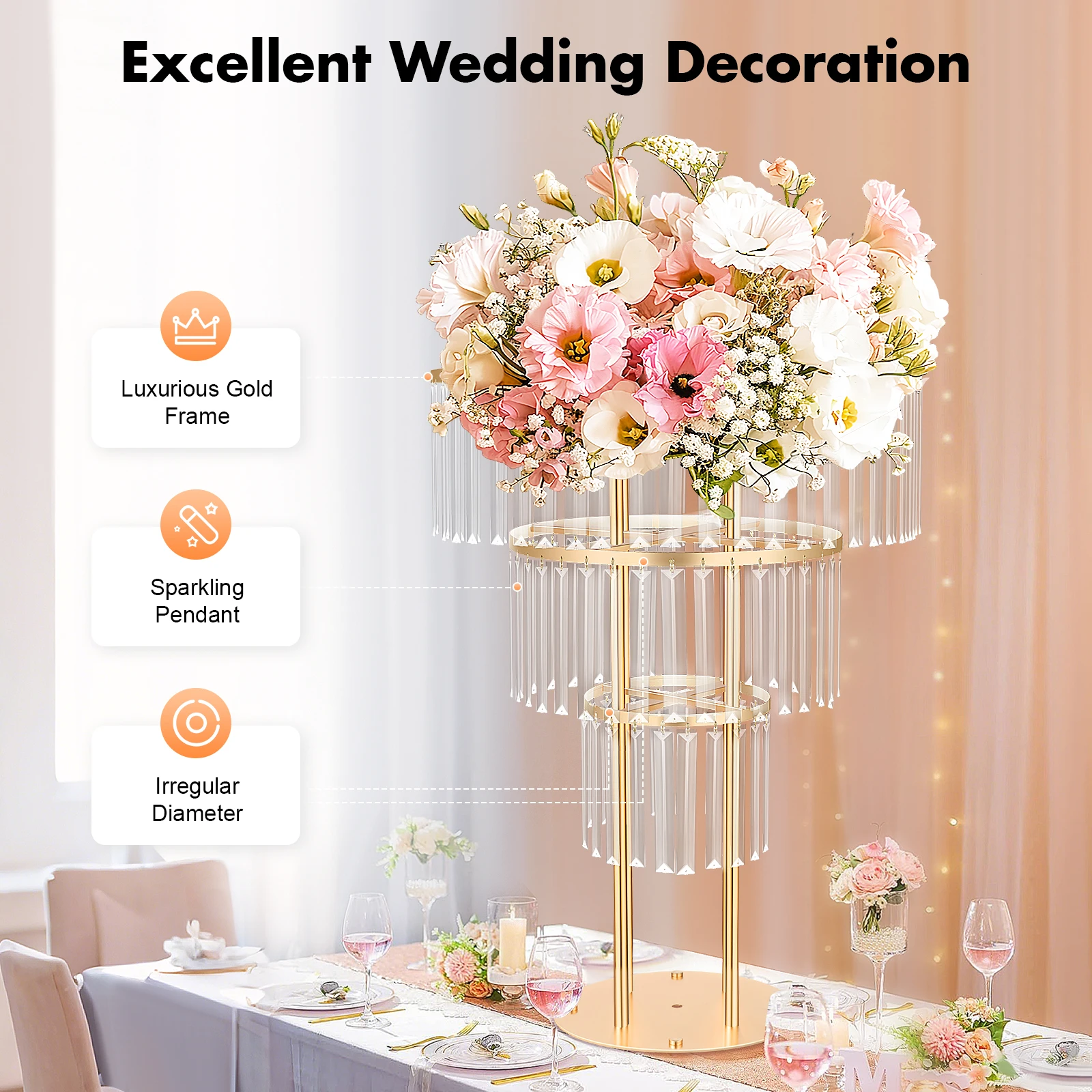

3-Tier/4-Tier Gold Crystal Flower Stand Electroplated Iron Freestanding for Wedding Party Event Decoration