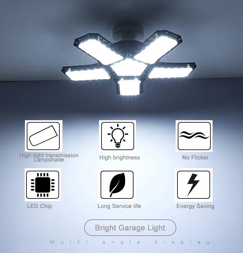 LED Garage Light Bulbs Adjustable Foldable Fan 45W 60W 80W Super Bright E27/E26 Socket Garage Lighting LED Shop Light